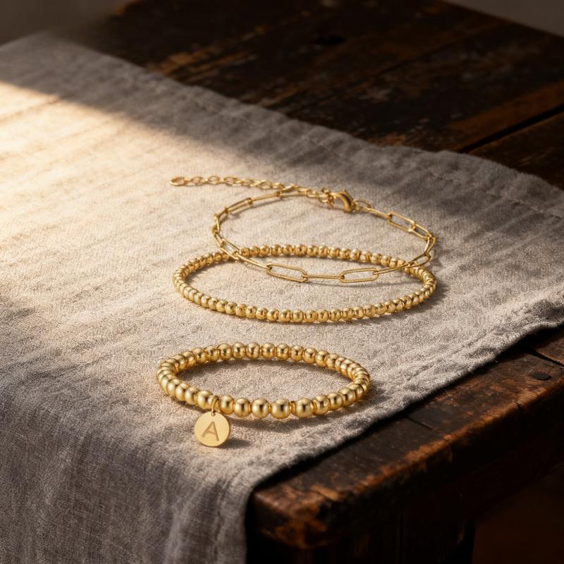Gold Beaded Initial Bracelets for Women 14K Real Gold Plated Stainless Steel Stackable Bead Ball Papercilp Link Chain Non Tarnish Layered Stretch Engraved Letter A-Z Disc Charm Bracelets Set