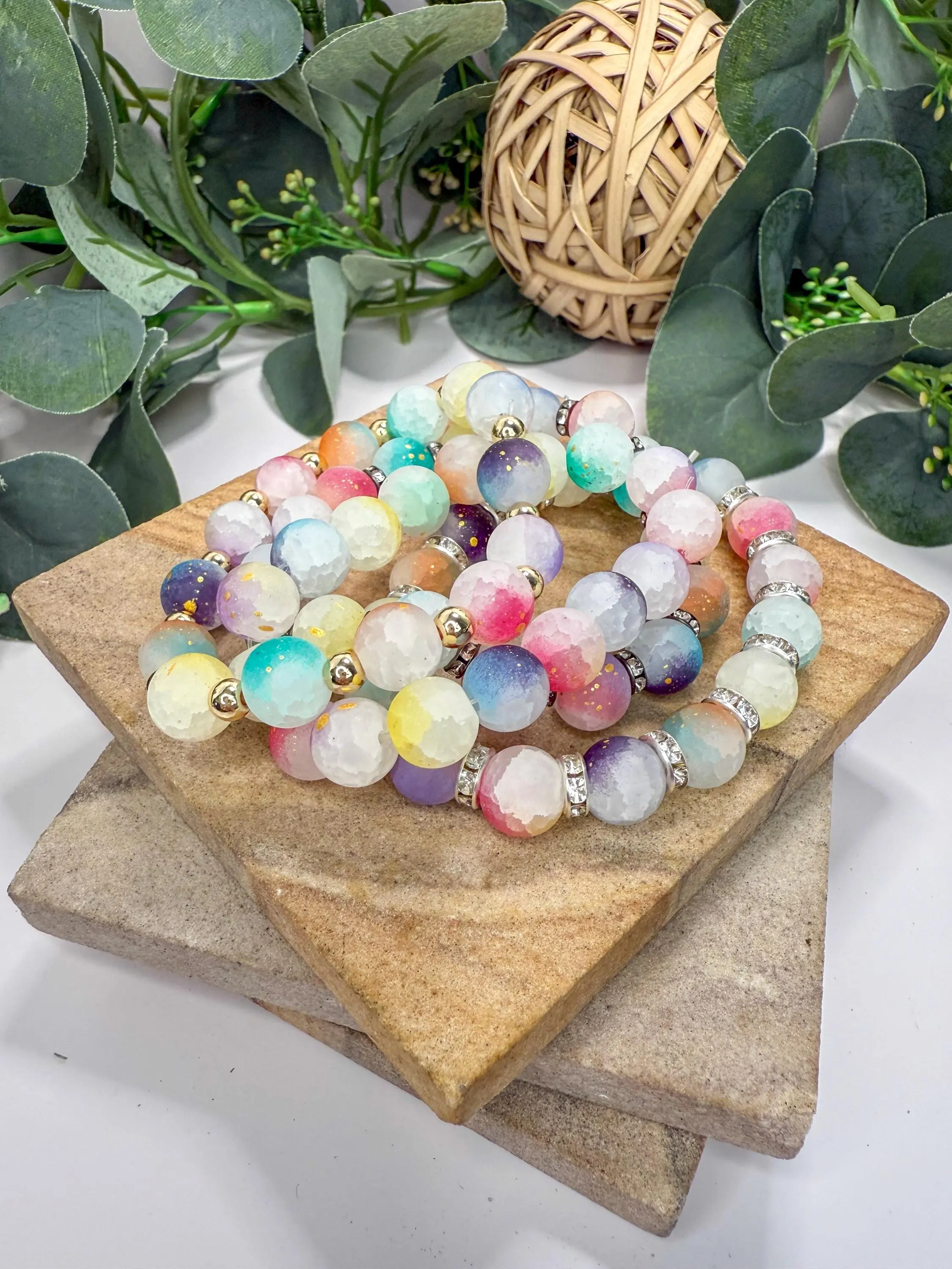 Dazzling Frosted Glass Bracelets with Gold Glitter - Pastel Colors - Various Sizes