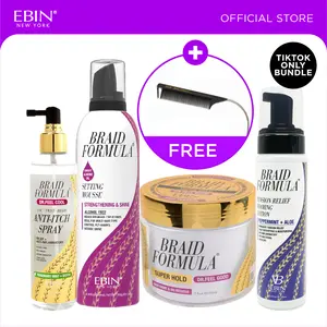 EBIN Braid Formula Conditioning Gel(Dr.Feel Good)+Braid Formula Setting Mousse(Strengthening & Shine-Sweet Almond Oil)+Dr. Feel Cool Anti-itch Spray(Rosemary Mint)+Tension Relief Foaming Lotion(Peppermint+Aloe) Bundle with FREE Pintail Curved Carbon Comb