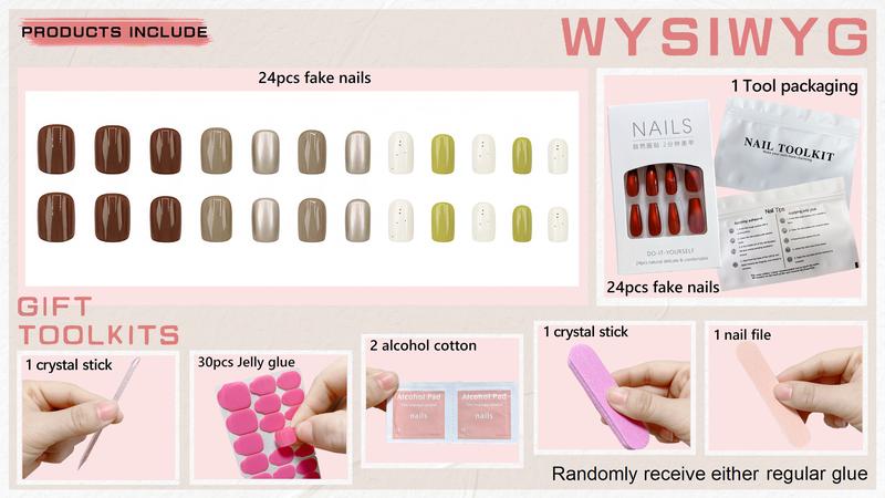 24 Pcs Short Square Press On Nails with Jelly Glue,Reusable Soft Gel Fake Nails Kit for Women and Girls with Feature Protective UV Coating DIY,Candy Two-Tone、Red-Brown Plaid、Caramel Two-Tone  Nails Press Ons，Daily versatile, full sizes