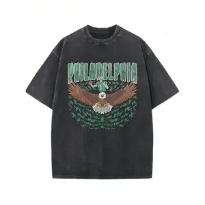 Washed Pure Cotton T-Shirt, Men'S Casual Fashion, With 'PHILADELPHIA' And Eagle, Football - Player Pattern Print, Outdoor Sports T-Shirt | Loose Fit | Soft Knitted T-Shirt