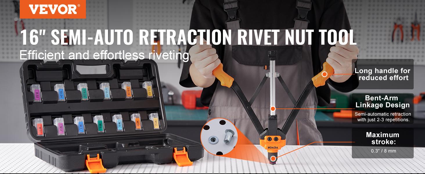 VEVOR Rivet Nut Tool, TikTokShopBlackFriday, 16 inch Rivnut Tool Kit with 13PCS Metric and SAE Mandrels & 186PCS Rivet Nuts, Semi-auto Retraction, M3, M4, M5, M6, M8, M10, M12, 1/4-20, 5/16-18, 3/8-16, 1/2-13, 8-32, 10-24  VEVOR Super Brand Day