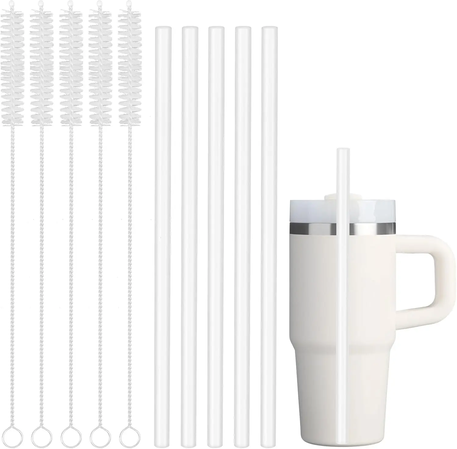 5 Pack Replacement Straws for Stanley IceFlow 96oz Quencher 20oz 14oz 20oz 30oz Tumbler 9.37in Cleaning Brushes Durable Polyethylene Drinkware Mug Reusable Washable Cup Utensils