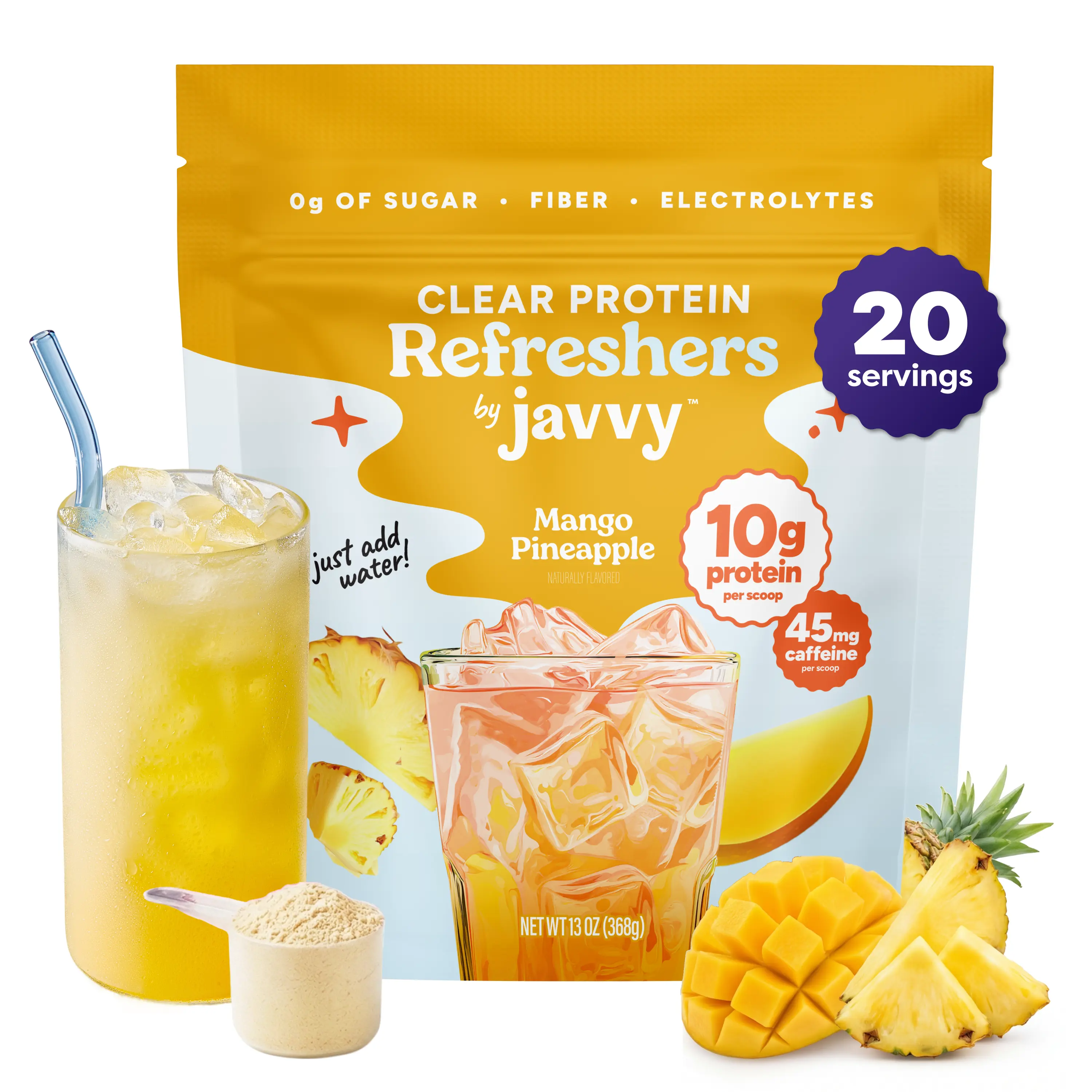 Javvy Mango Pineapple Refresher – Premium Clear Whey Protein with Electrolytes & Fiber – 100% Natural Flavors – Zero Artificial Colors & Sweeteners – 45mg of Caffeine, 0g of Sugar, 20 Servings Healthy Beverage, Energy Support,  Protein Drinks