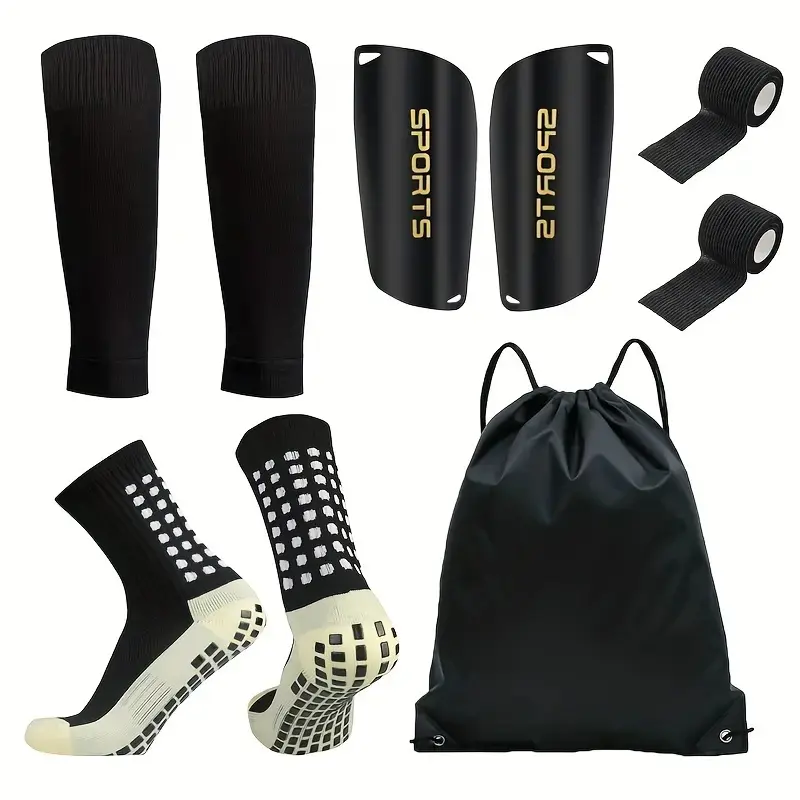 Football & Soccer Protection Kit for Players - 5-Piece Gear Set with Protective Shin Guards, Breathable Antislip Socks, Self-Stick Bandages & Carry Bag for Easy Transport, Sports Socks Set, Grip Socks