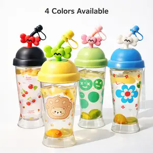 750ml Cute Cartoon Straw Cup with Lid, Large Capacity Kids Water Bottle and Leakproof Plastic Drinking Cup with Straw, Portable Milk Tea Cup and Water Cup for Children, Students, School, Travel and Outdoor Use, Cute Bear Design for Boys and Girls no sport