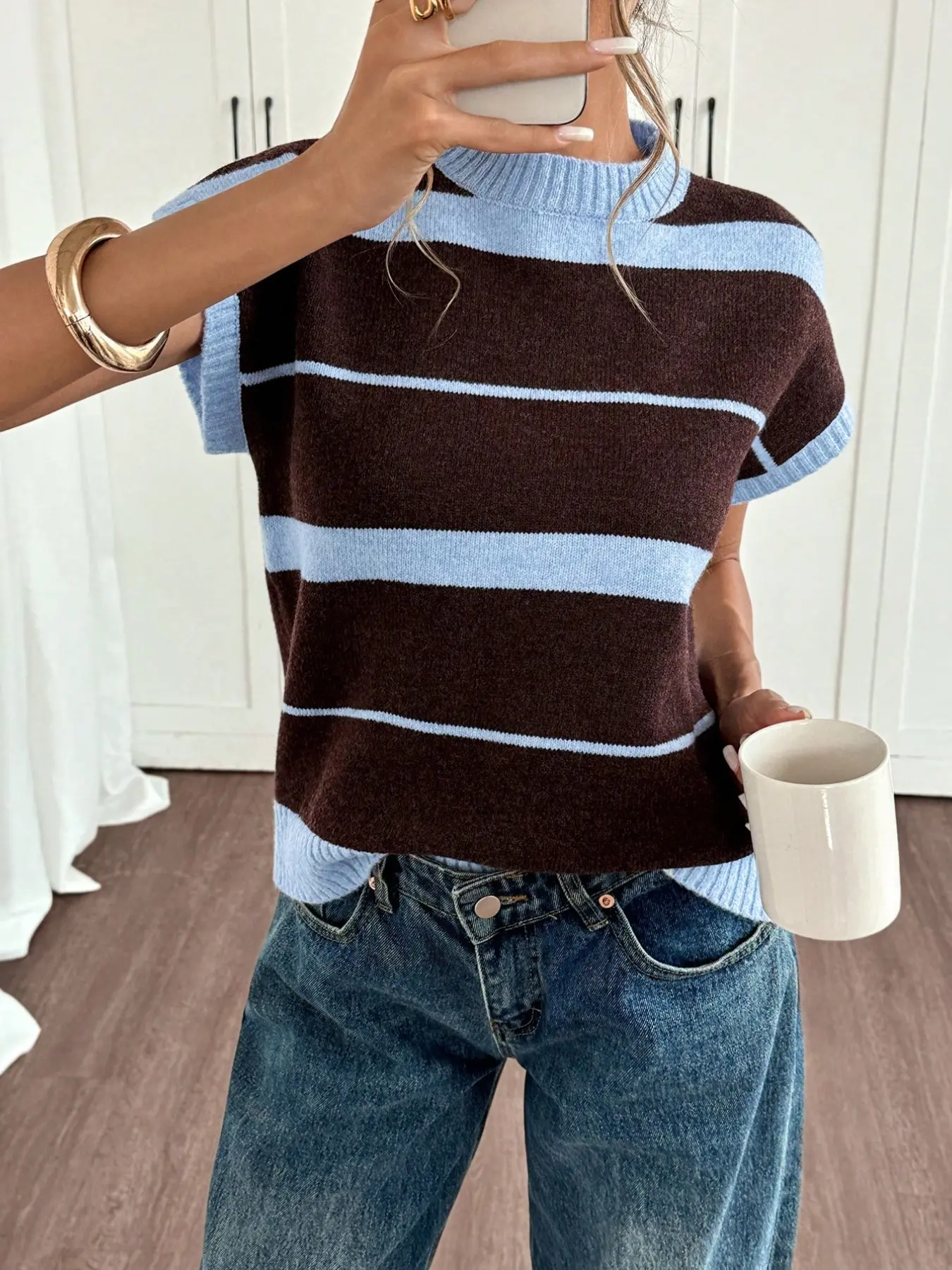 Women's Striped Knit Loose Fit Casual Short Sleeve Pullover Sweater, Knitwear, Tops, Lightweight Knit Top, Summer Fashion, Comfortable and Stylish, Perfect for Daily Wear