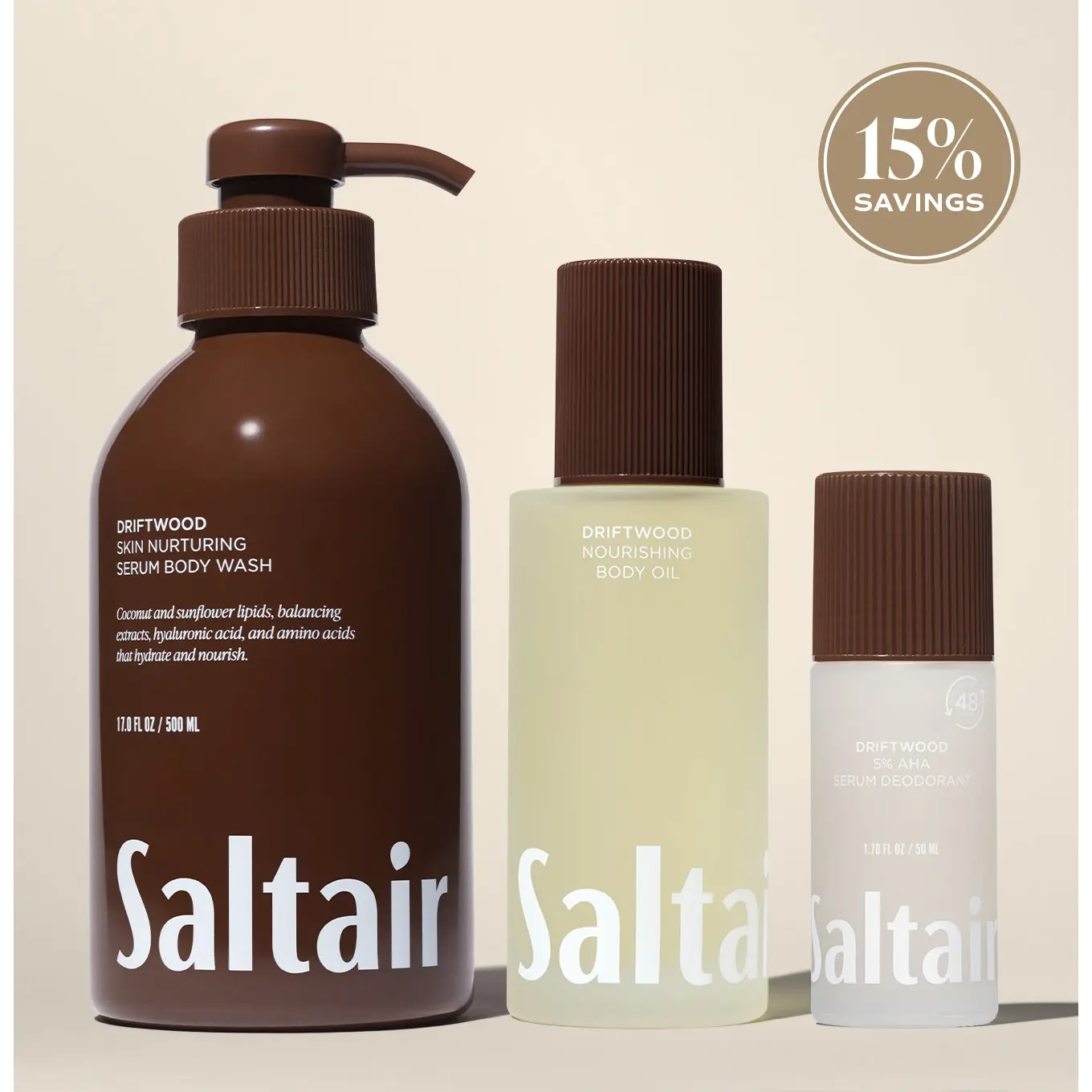Saltair Driftwood Essentials Set - Serum Body Wash (17 fl oz), Nourishing Body Oil (4 fl oz) & AHA Serum Roll-On Deodorant (1.7 fl oz) Bundle for Soft, Glowing Skin - Bergamot, Sage, Driftwood