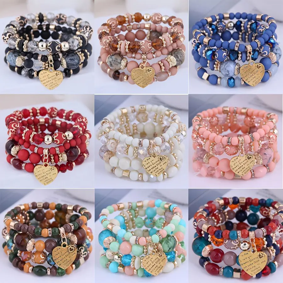12/24pcs Mix Boho Chic Handmade Resin Bracelets Set with Heart Charm, Zinc Alloy No-Plating Fashion Jewelry for Girls, Colorful Layered Beads, Everyday Wear, Handmade Bead Craft, Valentine's Day Gift