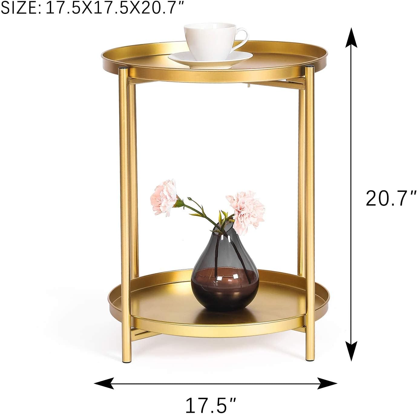 Adeco Side Table 2-Tier Metal Round End Table with Removable Tray
