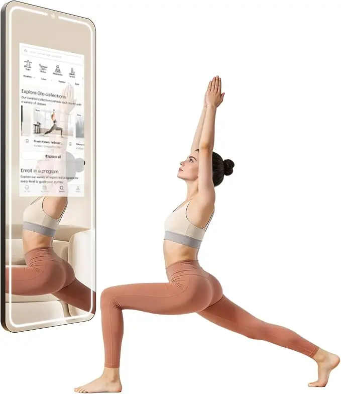 32 Inch Smart Gym Mirror, HD Touch Screen, Android OS, No VIP Fees, Voice Control, Music Sync Lighting System, Perfect for Home Gym/Yoga
