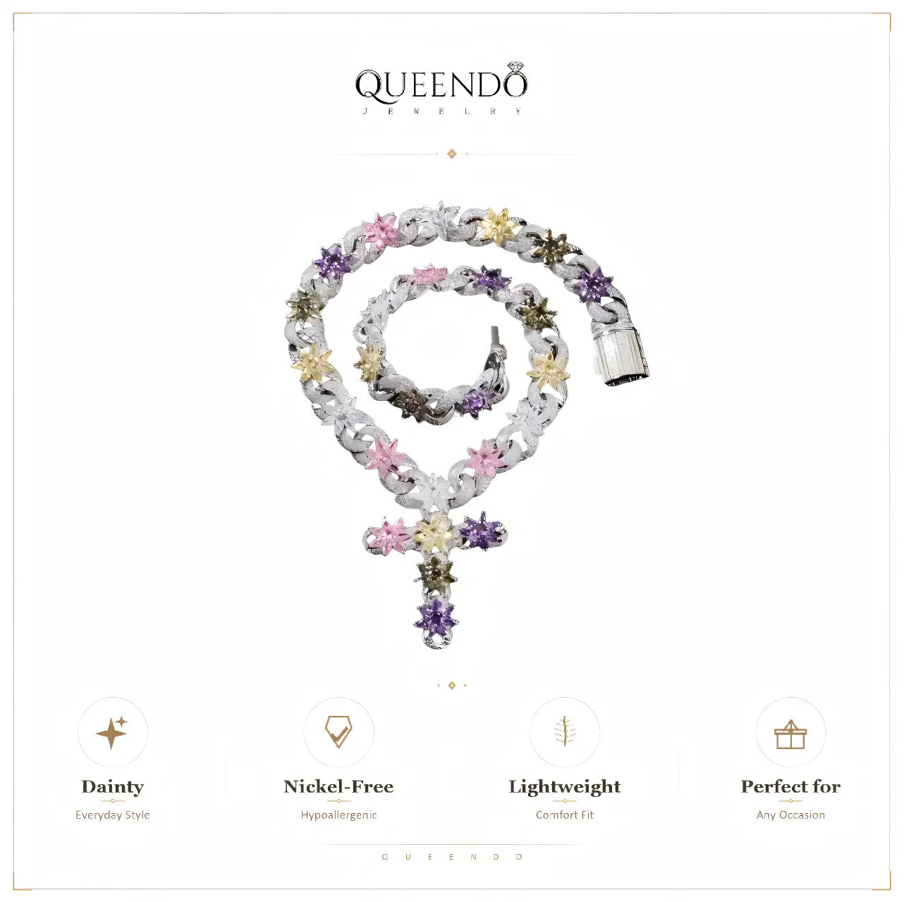 QUEENDO Unisex Iced Out Colorful Star Cross Pendant Cuban Link Necklace - Metal Coated Copper Chain with Multicolor Star Inlay, Long Street Hip Hop Statement Choker, Party & Daily Jewelry Gift