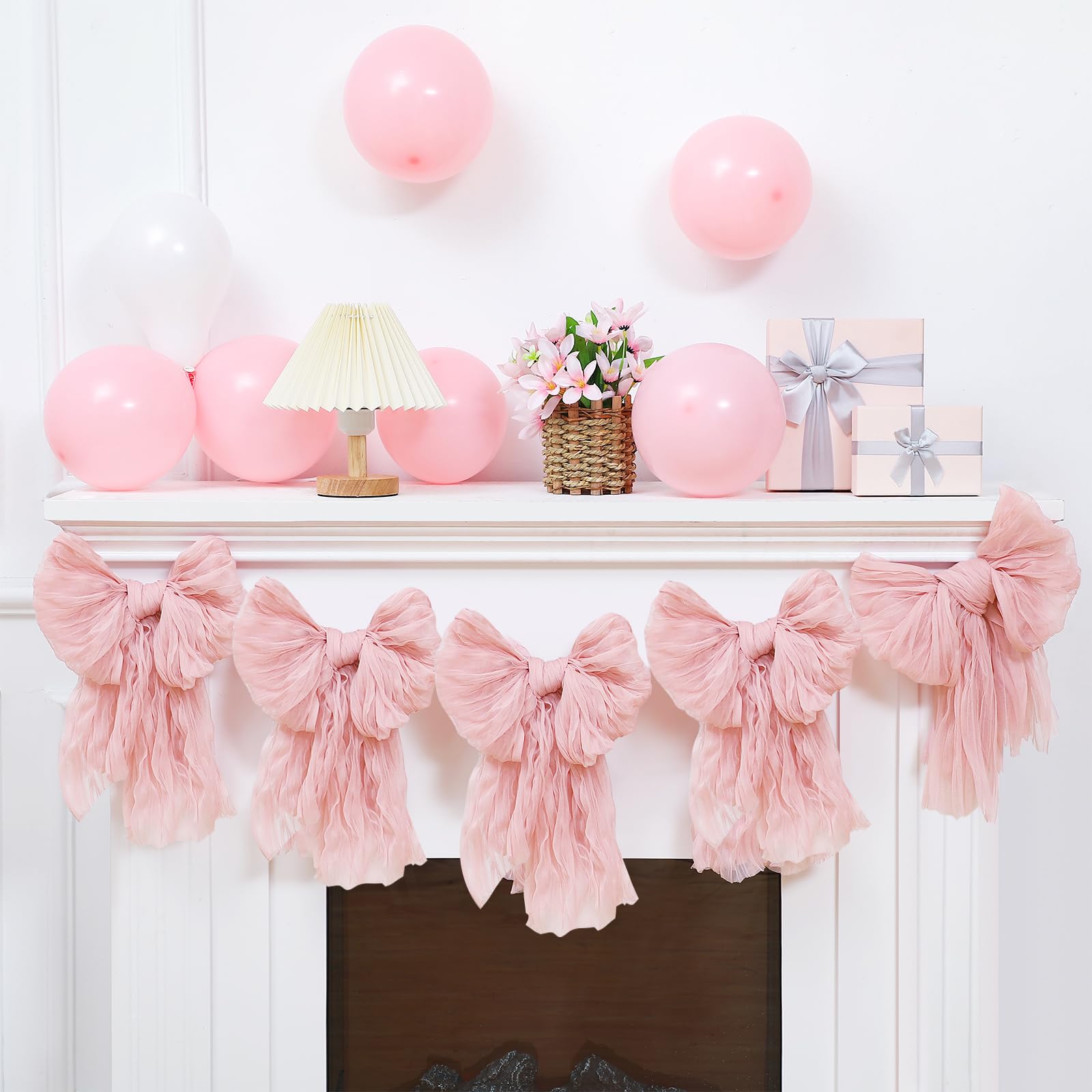 Easter Bow Garland Pastel Fluffy Tulle Satin Bow Banner Bunny Ear Plaid Pink Bow Garland Cute Hanging Wreath Garland for Mantle Fireplace Wall Door Mantel Decor, Spring Indoor Outdoor Home Table Backdrop Easter Decor 2026 Festive Party Supplies & Gifts