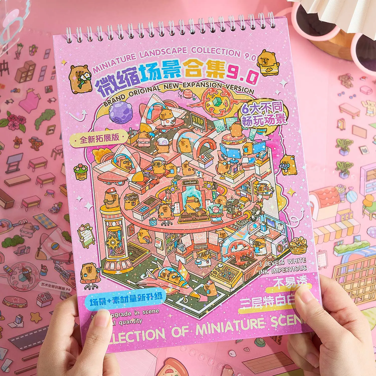 Festive Pink Happy Town 9.0 Miniature Scene Sticker Book - Multi-Sheet, Multi-Theme Scrapbooking Stickers for Mini Diorama Enthusiasts, Creative Projects, Stress Relief & Journal Embellishment