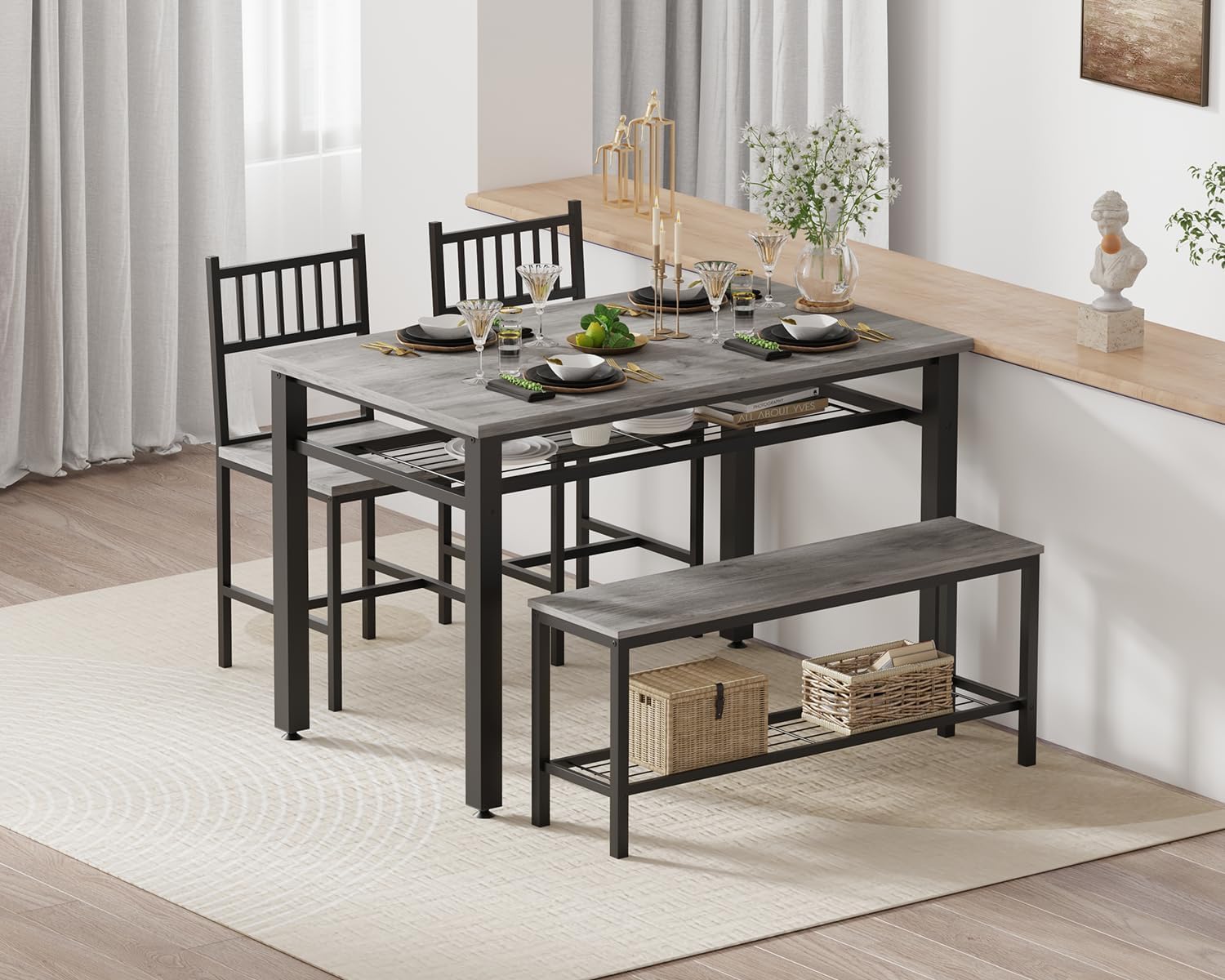Farmhouse Kitchen Table Chairs Set for 4, 47" Modern Dining Table with Bench & Chairs, Storage Shelf, Metal Frame, Space-Saving for Dining Room Kitchen Apartment