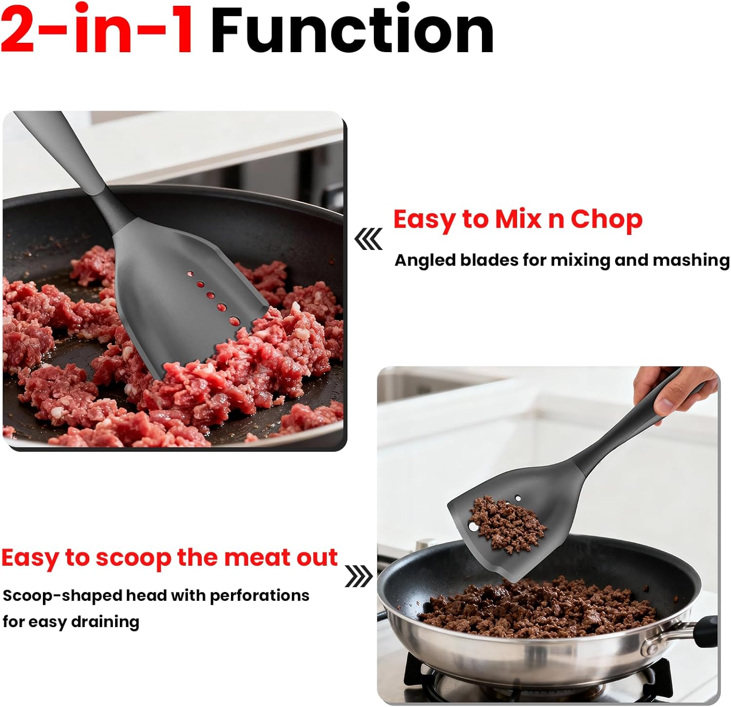 2 in1 Mincing Spatula Meat Chopper with Grease Draining Slots,for Frying Pan， Heat Resistant Ground Beef Masher & Hamburger Grinder, Non-Stick Potato Mixer and Meat & Poultry Chopper Tool