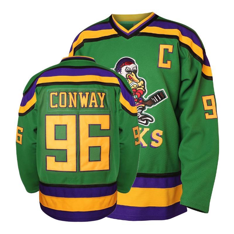 Mighty Ducks Ice Hockey Jersey Charlie Conway 96 & Adam Banks 99 90s Hip Hop Green Black Long Sleeved Loose Fit Breathable Quick Drying Mesh Polyester Machine Washable