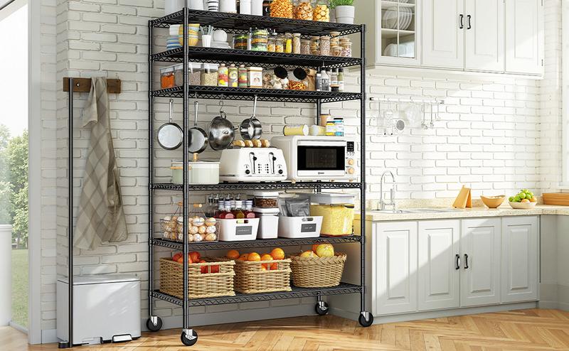 Raybee Storage Shelves with Wheels, 6 Tier Rolling Wire Shelving, Adjustable Metal Shelving Pantry Shelves with Capacity Garage Shelving Storage Organizer for Pantry, Kitchen, Closet Organizing Cabinet Rack