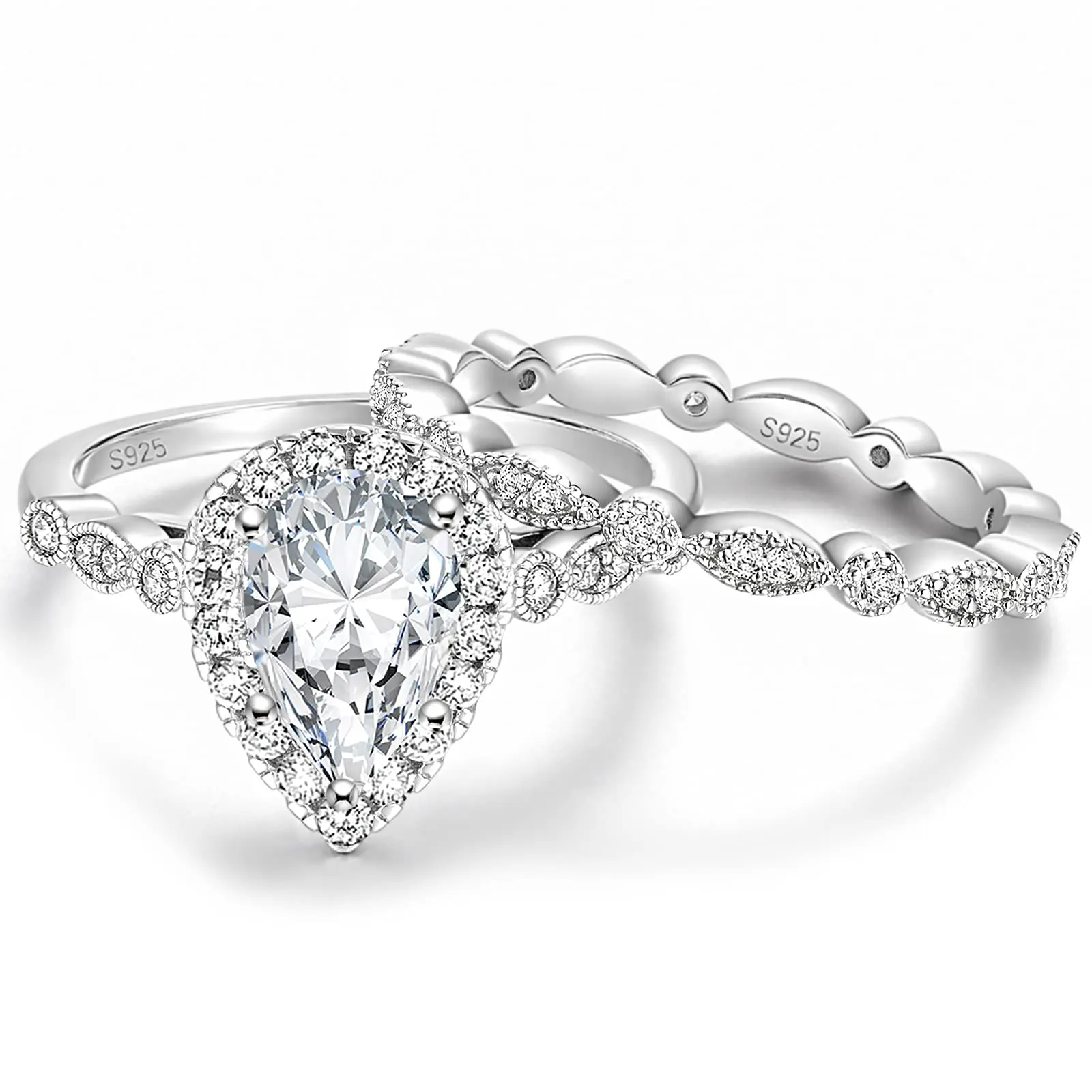 EAMTI 1.25CT 925 Sterling Silver Bridal Ring Sets Teardrop Cut Engagement Rings Vintage Pear Promise Rings Marquise Wedding Bands for Women