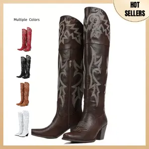 Knee High Tall Cowboy Boots Women Vintage Embroidered Pointed Platform Over the Knee Cowgirl Boots Fashion Square Toe Chunky Heel Western Over-The-Knee Vacation Boots