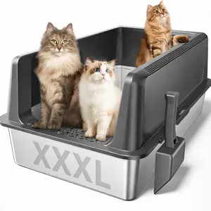 Zarler 28" XXXL Large Stainless Steel Litter Box for Big Cats with Lids or without Lids Non-Stick Odor-Free Multi-Cat Toilet Pet Products with Filter Pedal & Durable Scoop - Litterbox