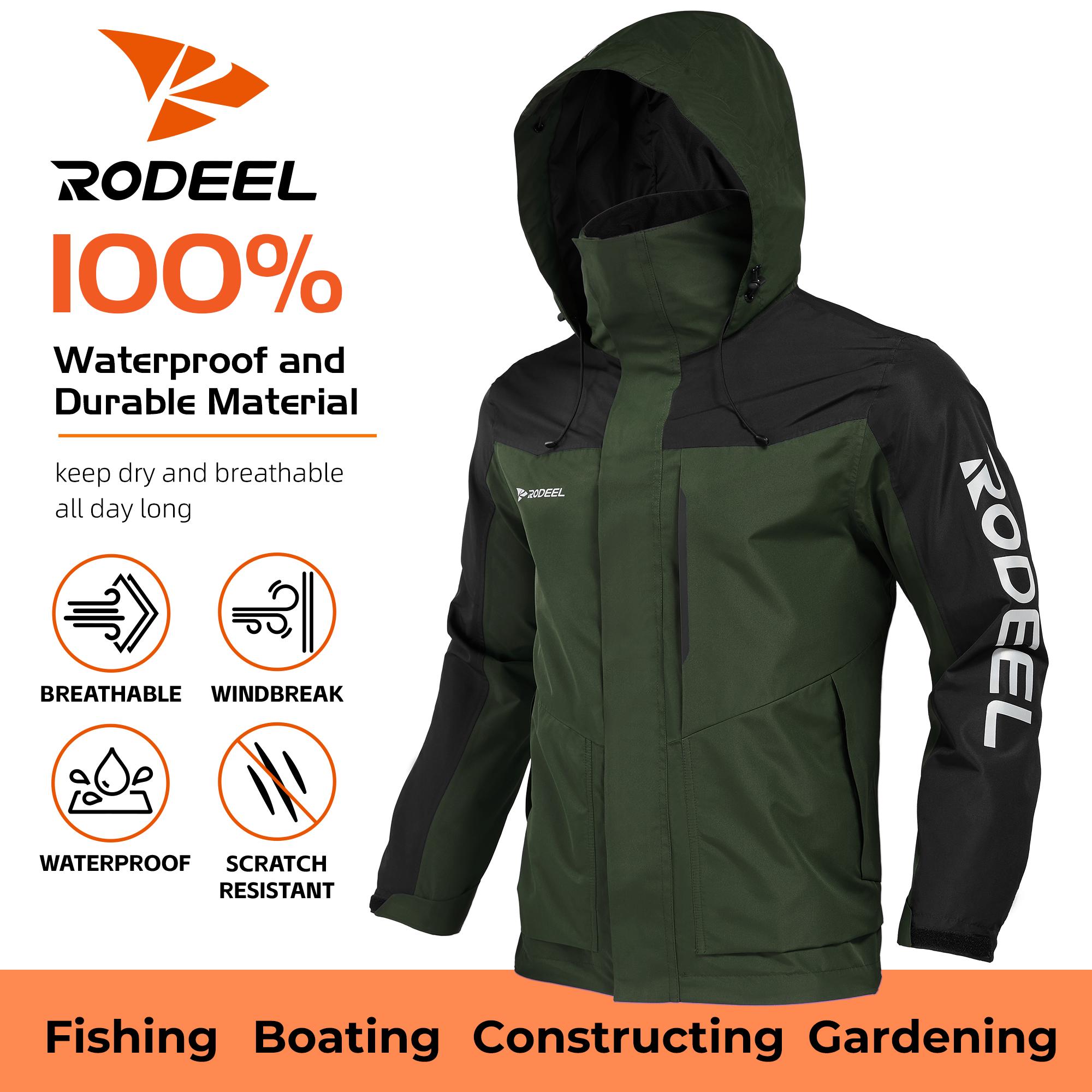 RODEEL 704 Premium Waterproof Jacket w/ Foldable Hood Men Lightweight Breathable Hooded Rainwear Durable Rain Coat Weatherproof Windbreaker For Outdoor Camping Fishing Boating Construction Roofing Landscaping Gardening Menswear, Holiday Gift