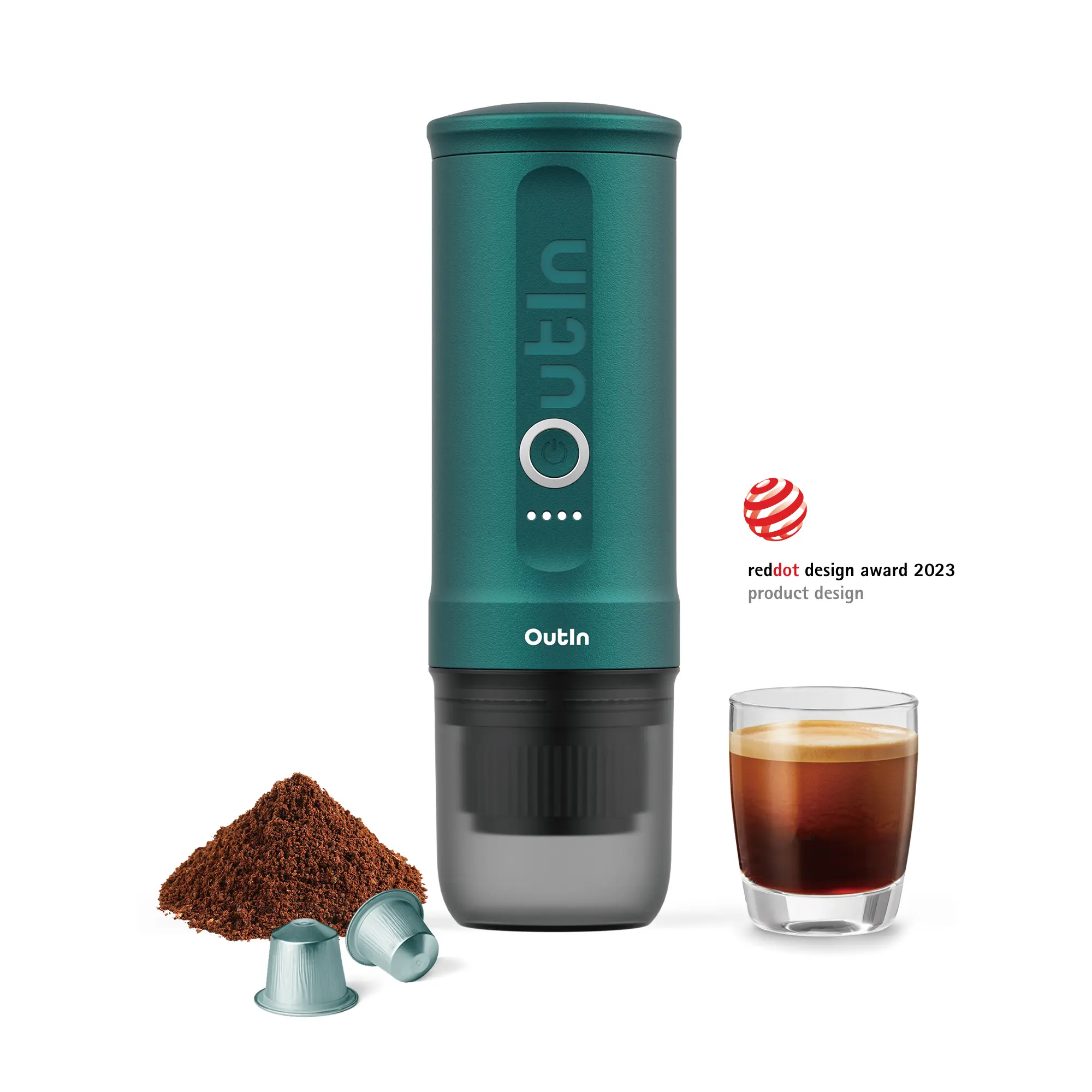 Outin Nano Portable Espresso Coffee Machine (Outin Teal) - Self-Heating 12V/24V 20 Bar Mini Car Brewer, Capsule Machine Compatible with NS Capsules & Ground Coffee, Coffee Brewer, Capsule Coffee Machines