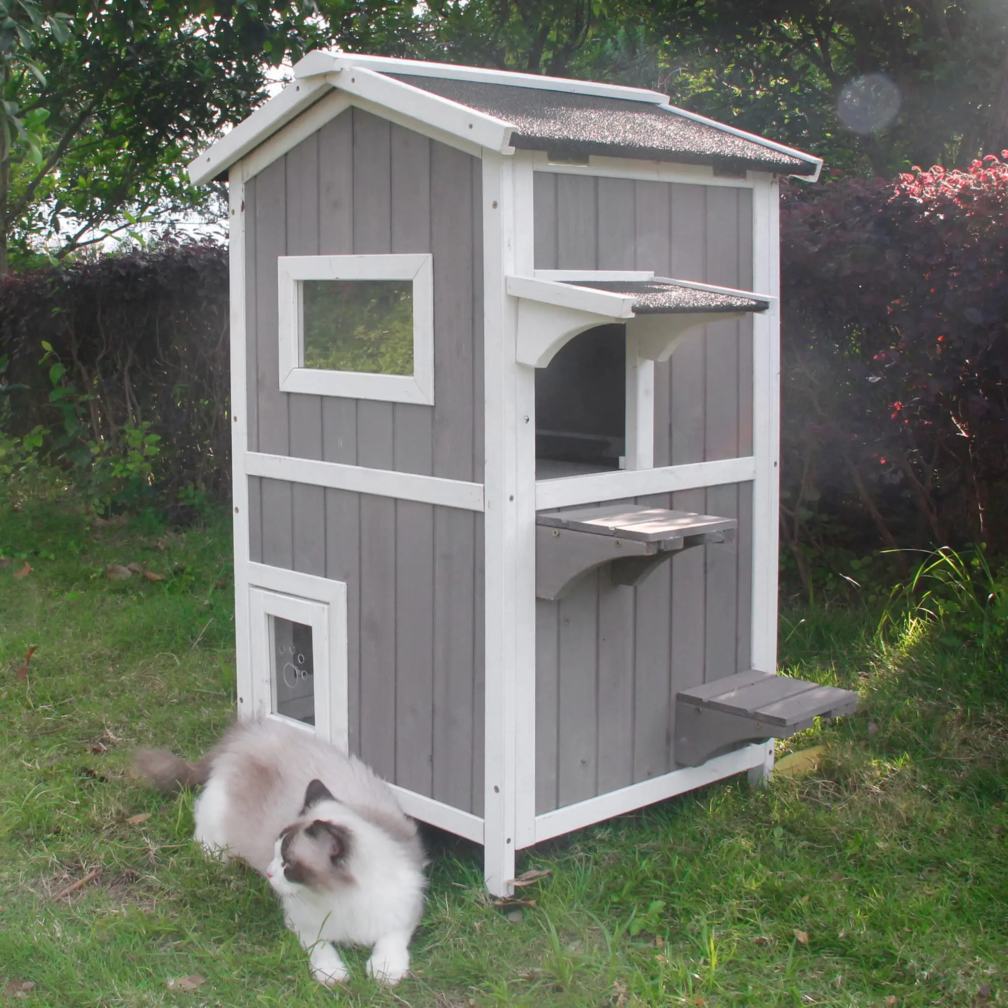 Petscosset 2-Story Elevated Outdoor Cat House, Pet-Safe Painting, All-Weather Rainproof Sunproof Structure, Multi Rest Platforms & Escape Door, Spacious 2-Tier Layout, Wooden Cat House for 3-4 Feral & House Cats, Patio & Lawn Use