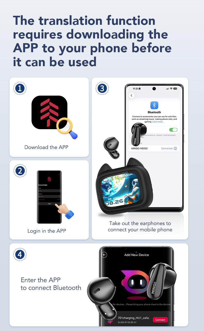 MINISO MS102 Bluetooth 6.0 earphones, LED display, IPX5 waterproof wireless earphones, in-ear style, suitable for business and travel.