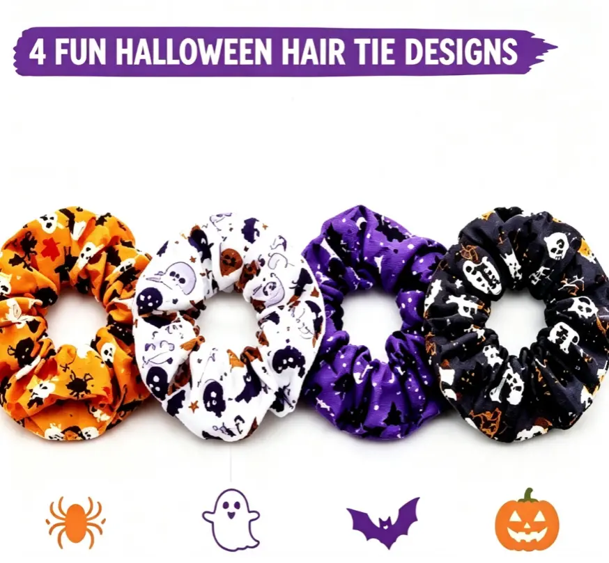 4‑Pack Halloween Themed Hair Scrunchies, Spooky Goth‑Style Elastic Hair Ties, Novelty Hair Styling Accessories for Women Girls, Holiday Party Hairstyle Decor Hair Bands