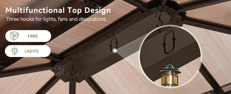 【Ships in 2 Packages】Aoxun 12'x10' Hardtop Gazebo, Aluminum Frame Permanent Pavilion with Curtains and Netting, Outdoor Polycarbonate Double Roof Canopy, Designed for Garden, Lawns, Patio, Brown