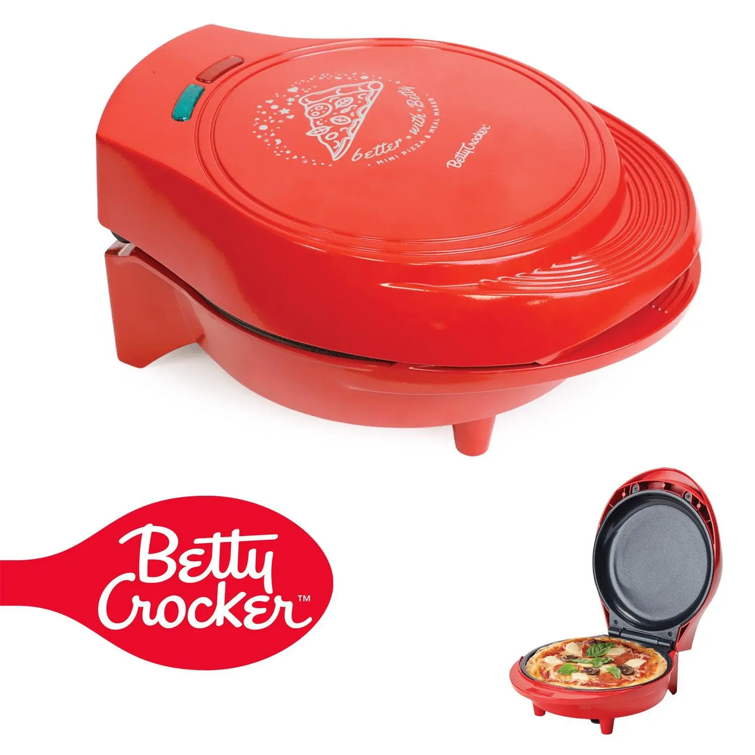 Betty Crocker 7.5" Mini Pizza & Meal Maker, 1000W Indoor Electric Grill, Nonstick Pan for Pizzas, Quesadillas, Nachos and more, Personal Pizza Machine for Delicious Meals and Snacks, BC-5962RC, Red