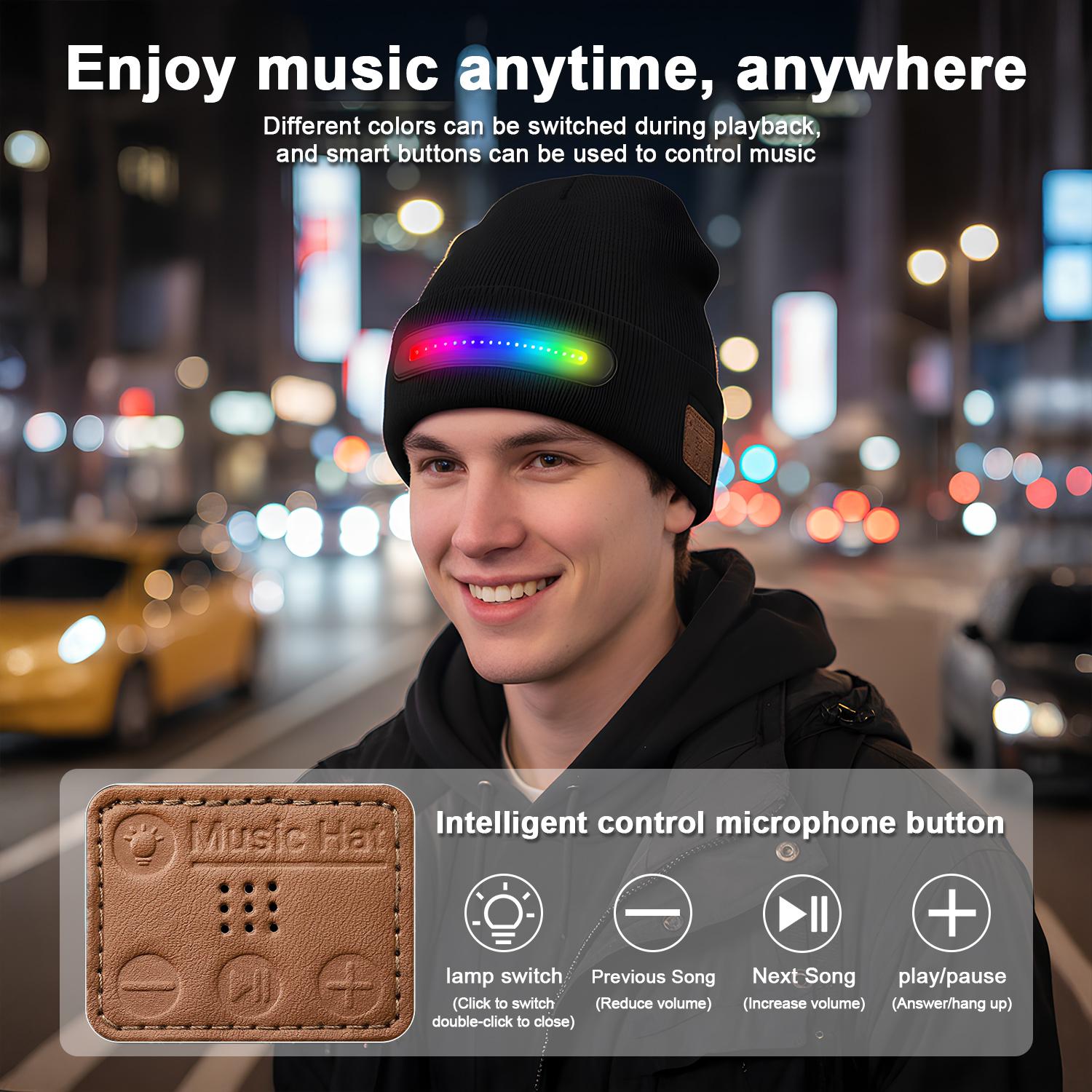 Bluetooth Beanie with a Light, Unisex USB Rechargeable 4 LED Fashlight Hat with Cordless Headphones, Unique Christmas Gifts - Black