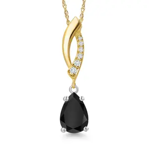 Gem Stone King 14K Two Tone Gold Black Onyx and Lab Grown Diamond Pendant Necklace for Women | 0.88 Cttw | Gemstone December Birthstone | Pear Shape 8X5MM | With 18 Inch Chain