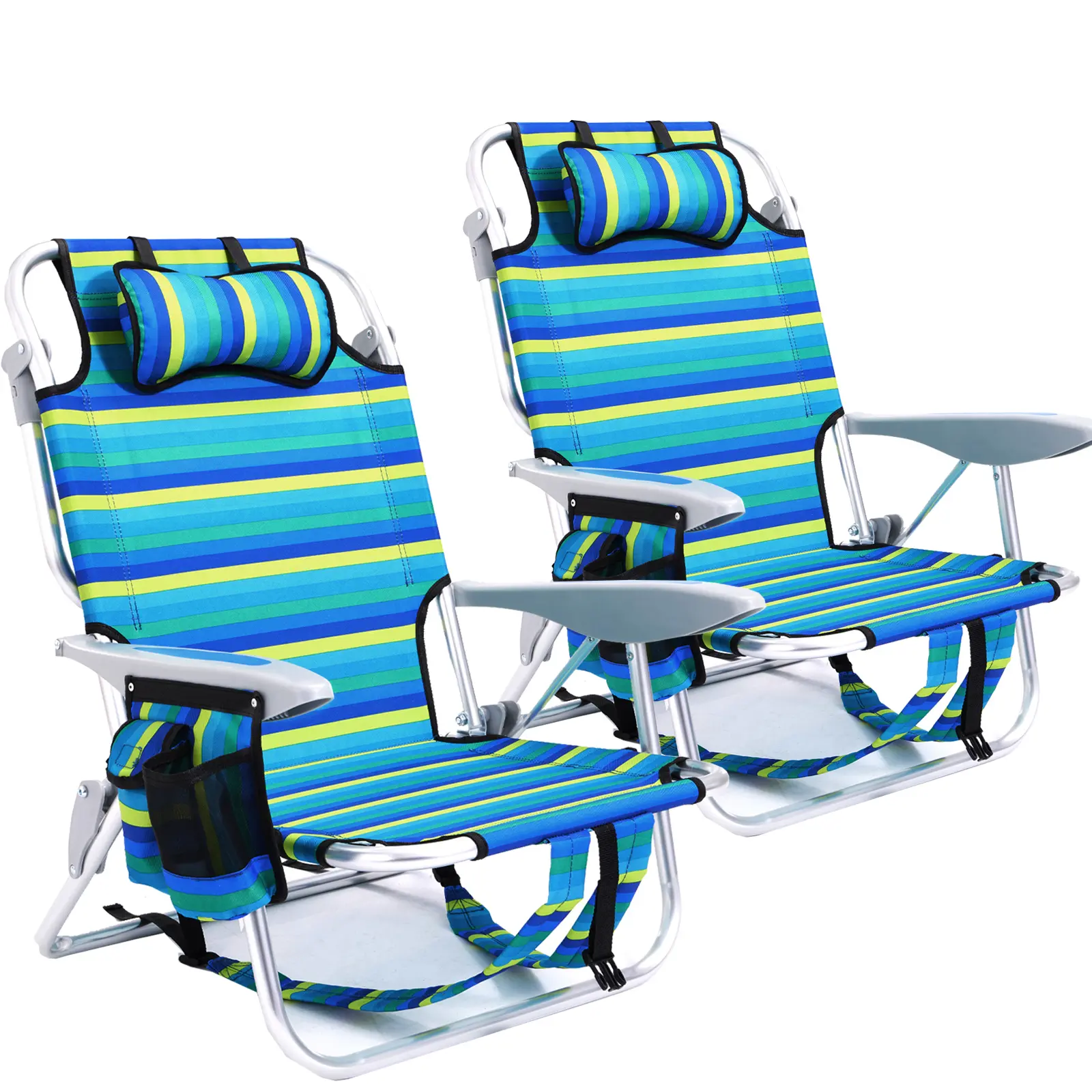 【Home Makeover Season】Portable Beach Chair for Adults, Outdoor Camping Chair Lay Flat Folding Backpack Beach Reclining Chair with 4 Positions, Headrest, Cup Holder, Beach Style