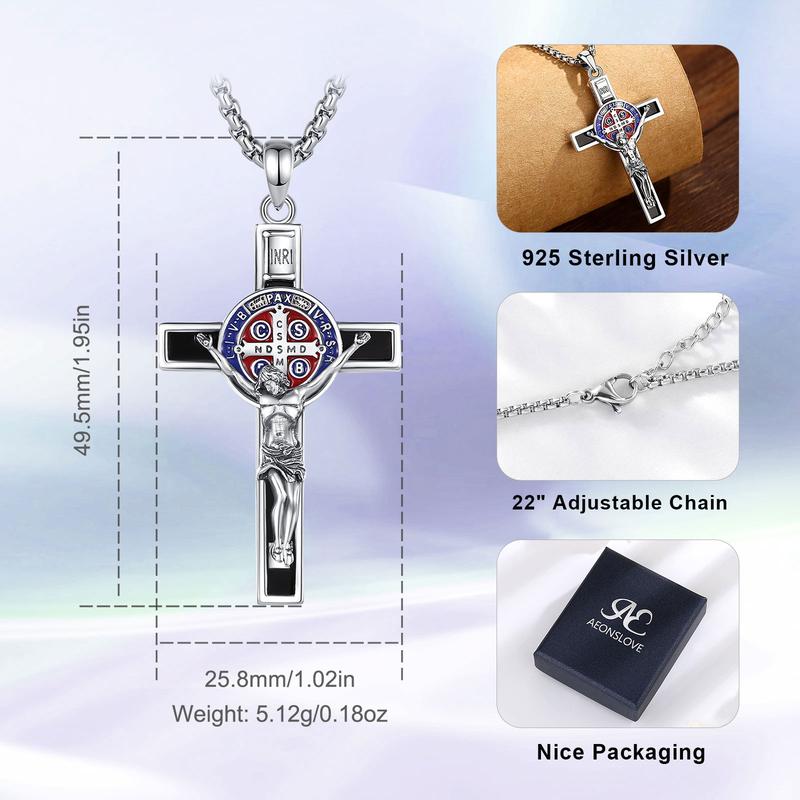 Eudora S925 Sliver St Benedict Pendant Necklace, San Benito Cross Medal for Him, Vintage Saint Benedict Amulet, Catholic Protection Amulet, Christian Jewelry Gift