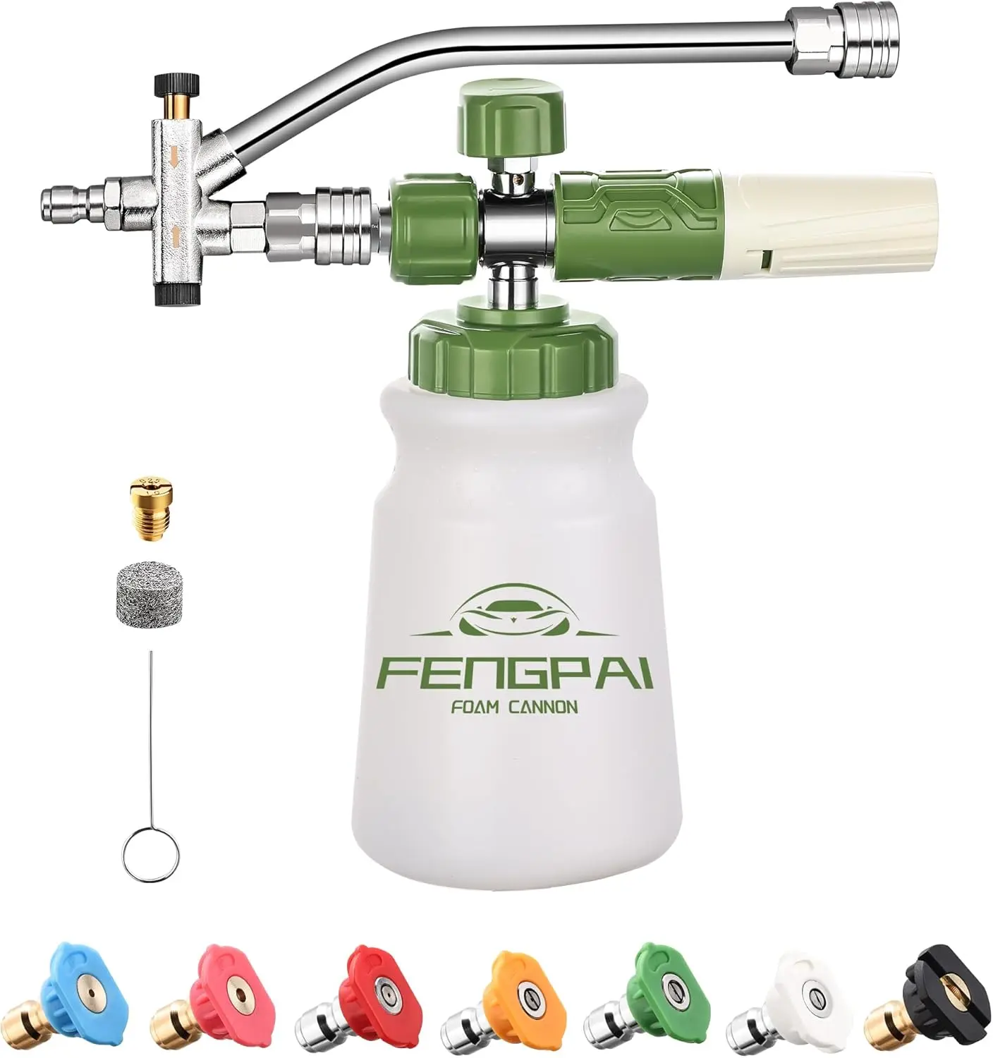 White Foam Cannon for Pressure Washer, 1/4" Quick Connect, 3600 PSI Bottle, Dual-Connector Accessory, 7 Sprayer Nozzles, Double Tip Attachment, Foaming Spray for DIY Car Care, 7 Power Washer Sprayer Nozzles, Foam Cannon Bottle