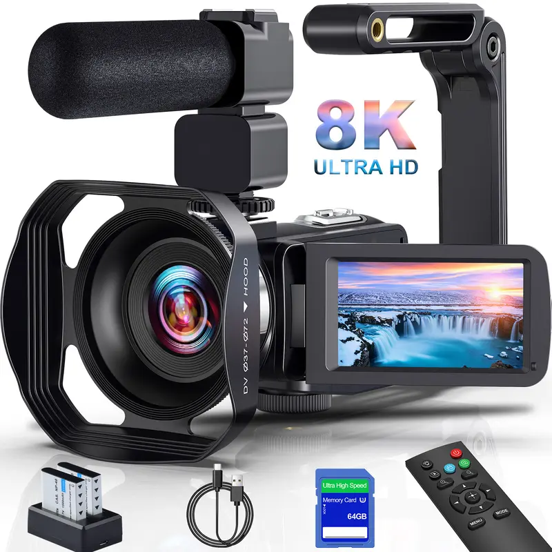 8K 64Mp Video Camera Camcorder | Ir Night Vision Vlogging Camera With 18X Zoom, Wifi, 3.0'' Touch Screen, 64Gb Sd Card, 2 Batteries, Remote Control, Mic, Stabilizer | Non, Auto Focus, Mp4 Format