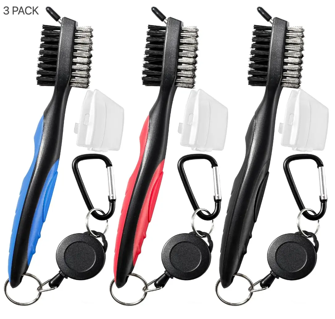 3 PCS Golf Club Cleaning Brush and Groove Cleaner with Retractable Clip, Extends 2 ft Brass, Ergonomic Design, Easily Attaches to Golf Bag