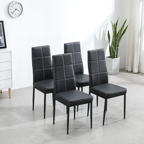 [Bellemave]4pcs Elegant Assembled Stripping Texture High Backrest Dining Chairs /Black/White-PU