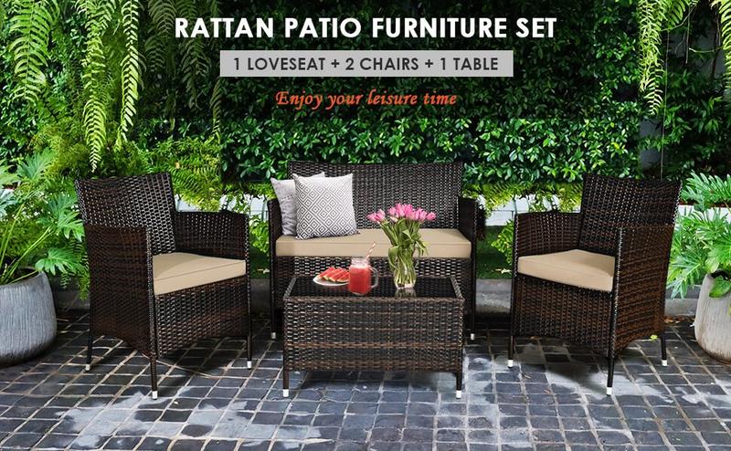 COSTWAY 4 Piece Patio Rattan Conversation Set, Outdoor Wicker Furniture Set with Chair, Loveseat & Tempered Glass Table, Cozy Seat Cushions, Outside Sectional Sofa Set for Backyard, Porch-COSTST