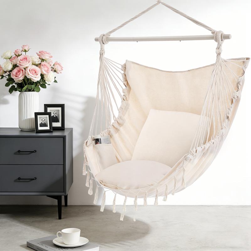 Single Hammock Chair with 2 Cushions, Hammock Swing, Macrame Hammock with High Load-Bearing Metal Rod, Indoor＆Outdoor