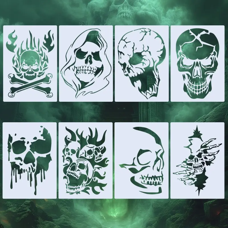 8 Piece Skull Painting Stencils, Reusable 11.7x8.3 Inch, Fabric, Drawing, Wood, Glass, DIY Crafts, Art Supplies, Crafts Kit, Decal Sticker, Handcraft, Diy Decal Film