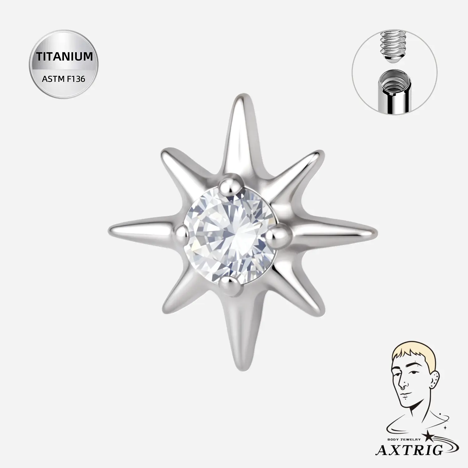 Body Art Piercing Jewelry - Implant-Grade ASTM F136 Titanium Starburst Top with CZ, Internally Threaded for Dermal & Surface Anchors, Hypoallergenic Piercing Jewelry, Body Jewellery, Chic Body Jewelry
