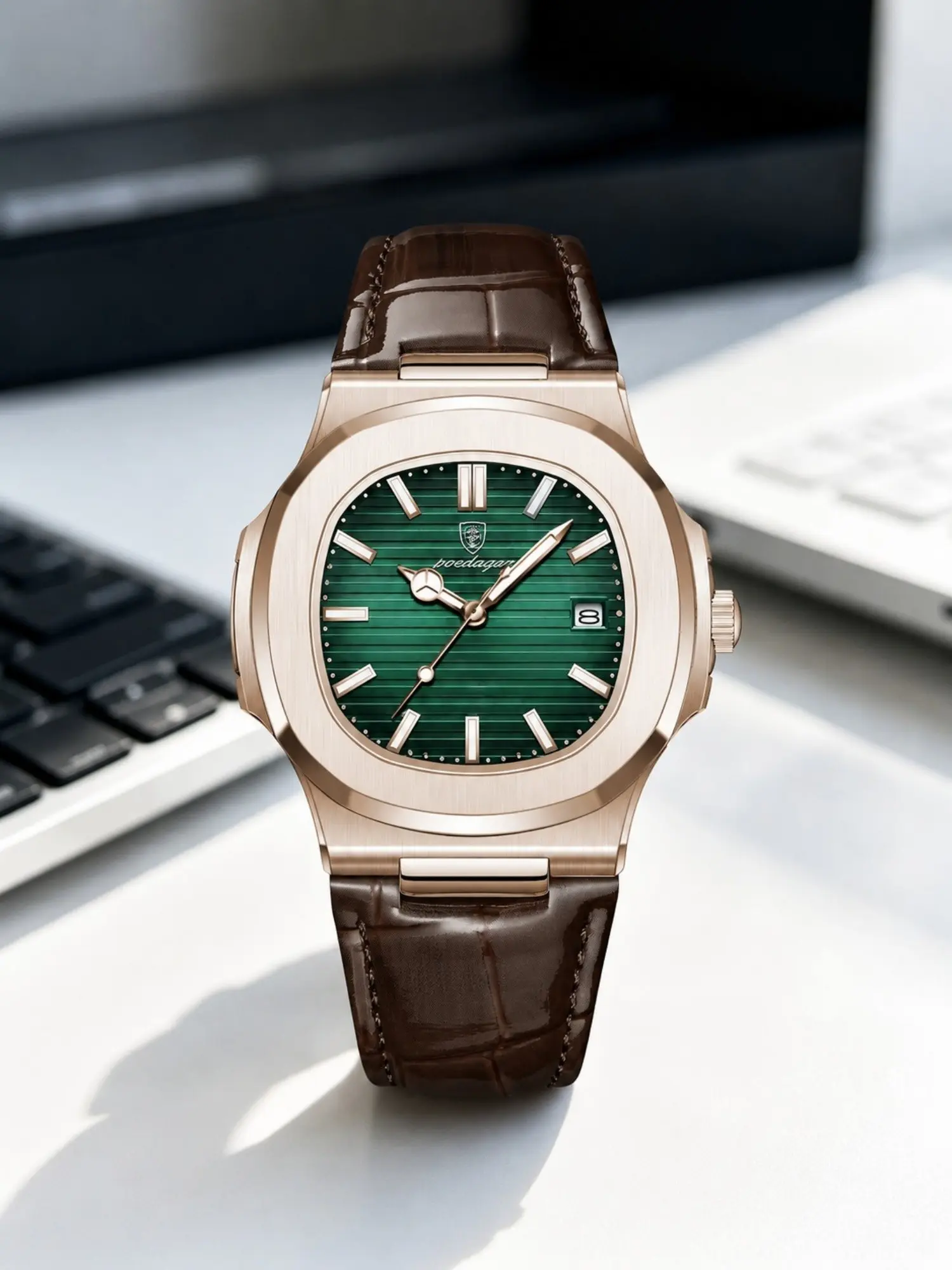 Men's Quartz Analog Watch, Rose Gold Stainless Steel Case, Square Dial with PU Leather Strap, Luminous Hands, Date Display, 30m Water-Resistant, Elegant Business Dress Watch, Analog Quartz Watches