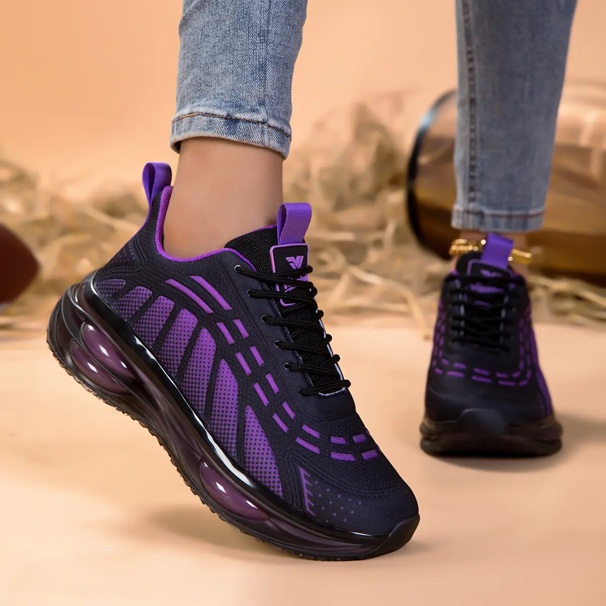 Lace-Up Laces Casual Trainers for Women - Breathable Stretch Knit Upper, Full Air Cushion Foot Protection, Trendy Color, Suitable for Tennis Practice & Campus Walking, All-Season Women's Sneakers, Sneakers For Women