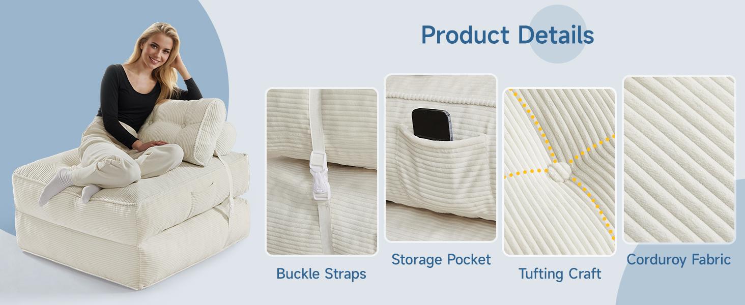 【SPOTLIGHT DAY】ONBRILL Folding Sofa Bed with Pillow, Convertible Sleeper Chair with Back Support, Corduroy Portable Fold Out Chair Bed, Comfy Floor Sofa Lounge for Living Room, Single