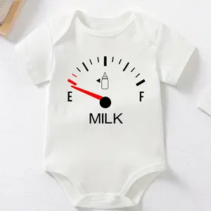Unisex White Cotton Baby Short Sleeve Bodysuit - Funny "Milk Fuel Gauge Empty" Milk Bottle Fuel Gauge Graphic Onesie, Infant Outfit for Newborns