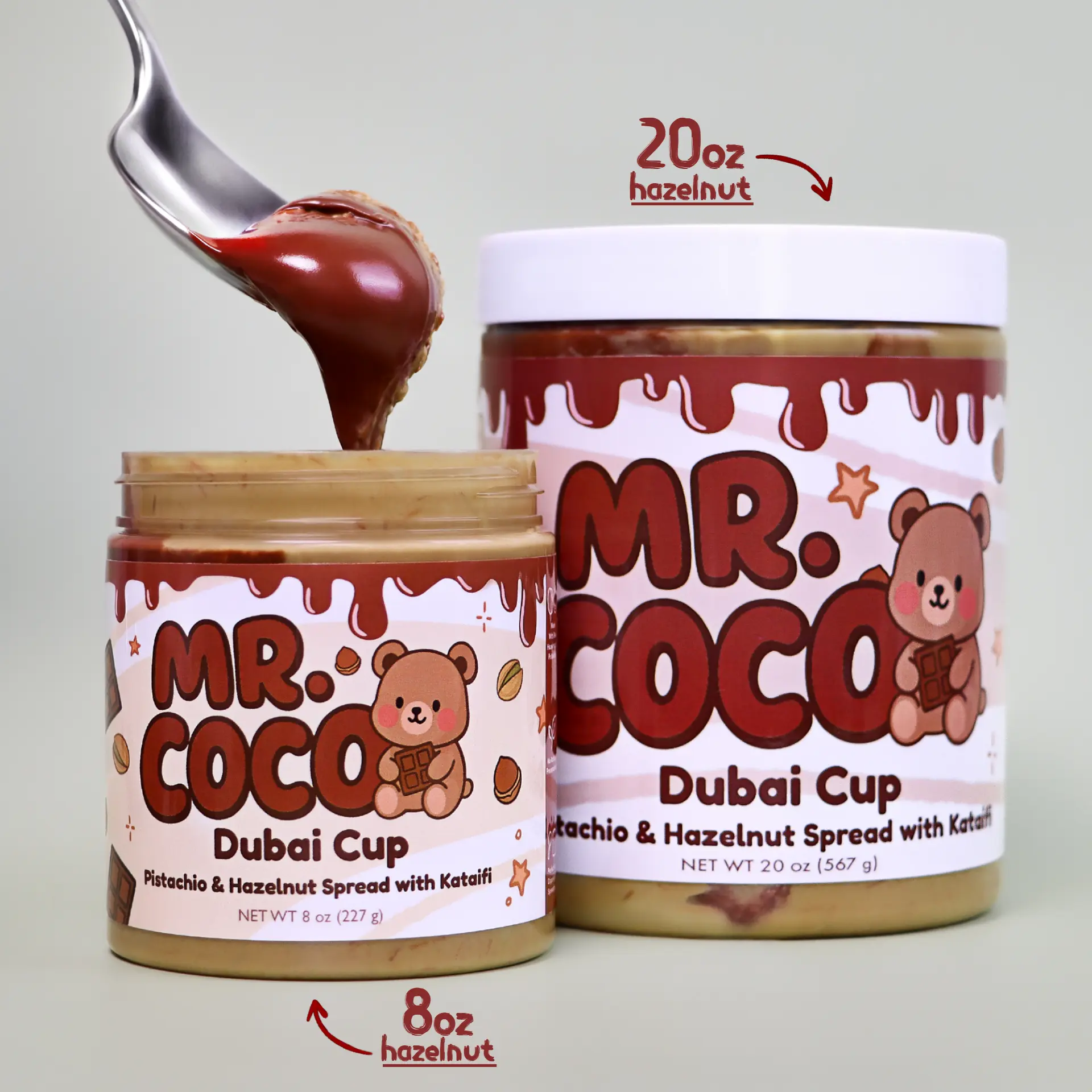 Mr. Coco Dubai Cup – Pistachio Cream + Tahini & Crunchy Kataifi - 8oz/20oz Jar - 2 Flavors: Classic & Hazelnut
