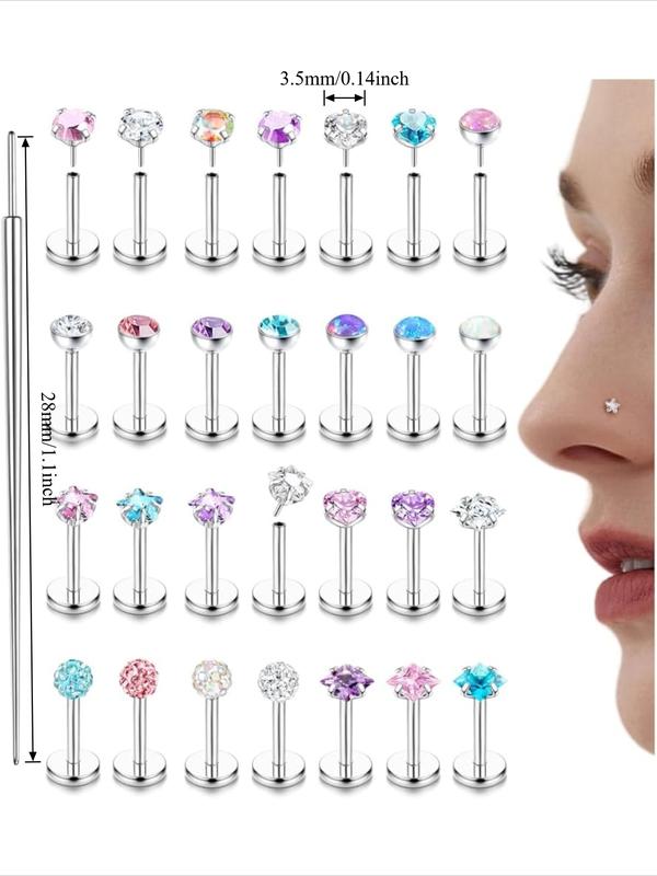 28PCS Threadless Nose Studs Hypoallergenic Flat Back Earrings Surgical Steel Opal Helix Piercing Tragus Stud Conch Cartilage Medusa Labret Piercing Jewellery For Women Men 6/8MM Nose Piercing Jewelry